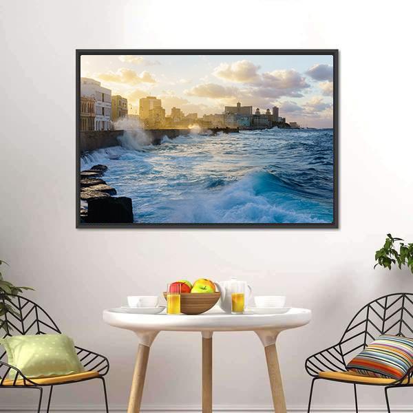 Heavy Swell In Havana Seafront Canvas Wall Art-3 Horizontal-Gallery Wrap-25" x 16"-Tiaracle