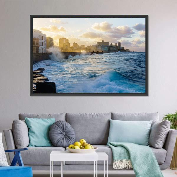 Heavy Swell In Havana Seafront Canvas Wall Art-3 Horizontal-Gallery Wrap-25" x 16"-Tiaracle