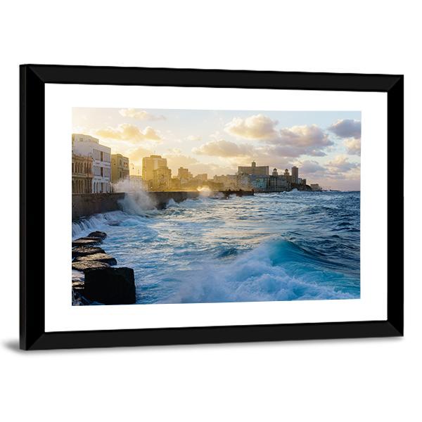 Heavy Swell In Havana Seafront Canvas Wall Art-3 Horizontal-Gallery Wrap-25" x 16"-Tiaracle