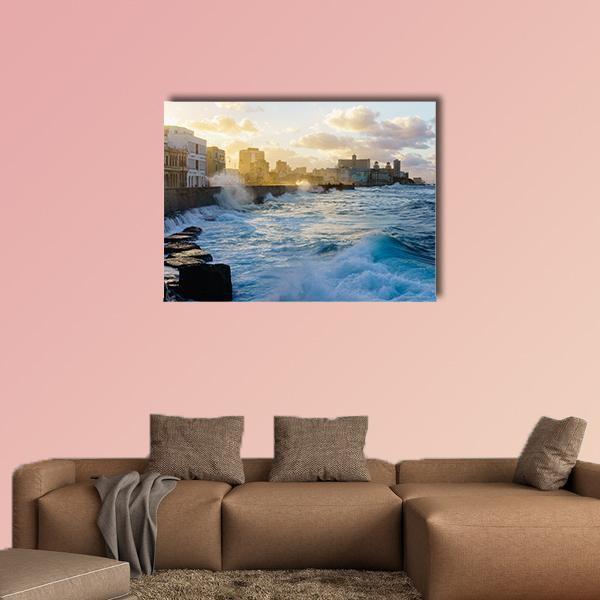 Heavy Swell In Havana Seafront Canvas Wall Art-5 Pop-Gallery Wrap-47" x 32"-Tiaracle