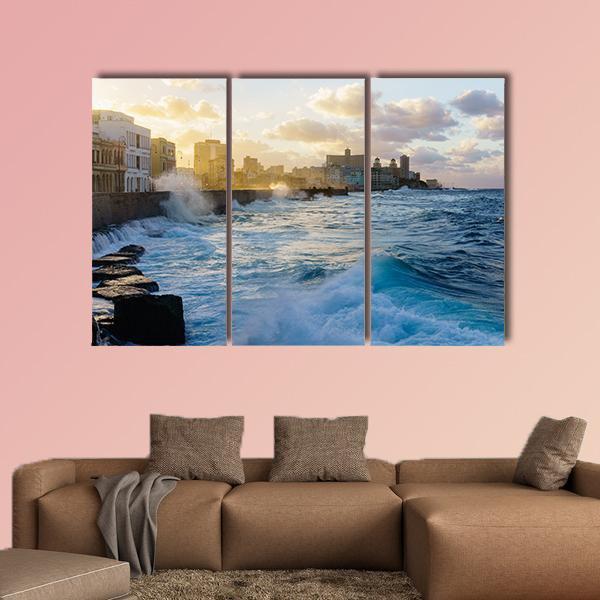 Heavy Swell In Havana Seafront Canvas Wall Art-3 Horizontal-Gallery Wrap-37" x 24"-Tiaracle