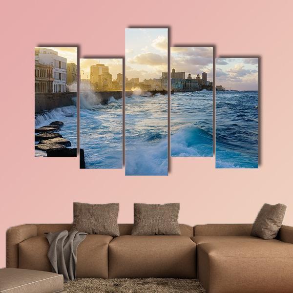 Heavy Swell In Havana Seafront Canvas Wall Art-5 Pop-Gallery Wrap-47" x 32"-Tiaracle