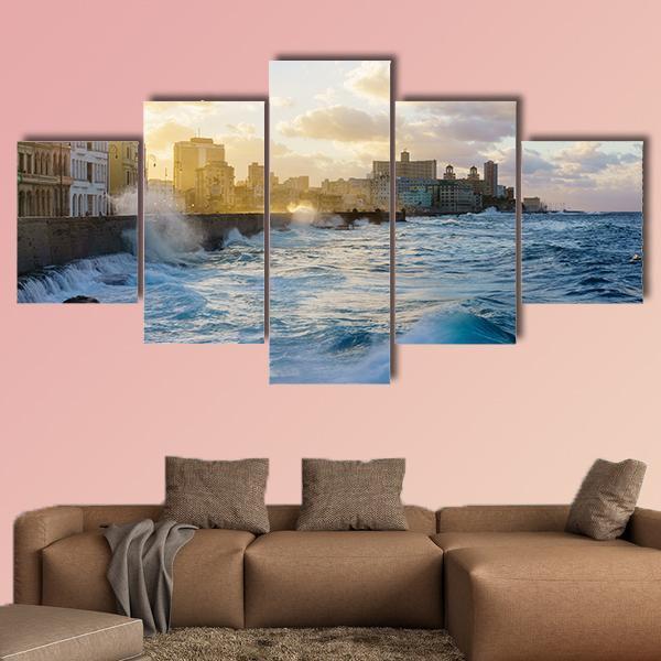 Heavy Swell In Havana Seafront Canvas Wall Art-5 Star-Gallery Wrap-62&quot; x 32&quot;-Tiaracle
