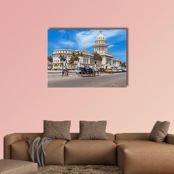 Havana Street Traffic with Capitol Dome Canvas Wall Art in gray, beige and blue, single panel hung on a wall