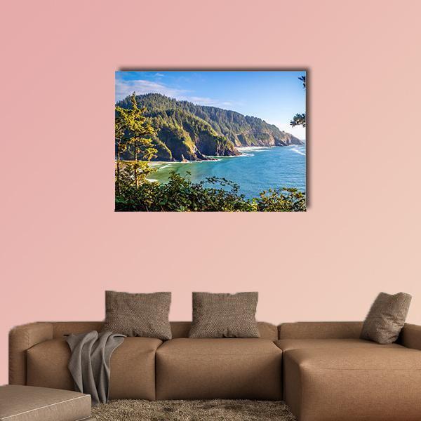 Heceta Head Lighthouse Coastal Cliffs Canvas Wall Art in gray, green and blue, single panel hung on a wall