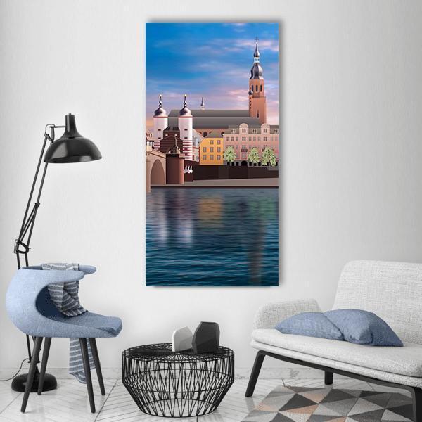 Heidelberg Abstract Cityscape Vertical Canvas Wall Art in brown, blue and pink, single vertical panel hung on a wall