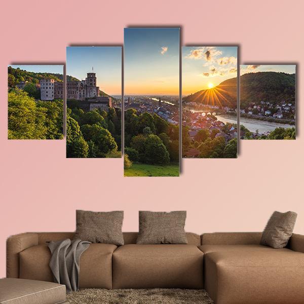 Heidelberg Castle At Sunrise Canvas Wall Art-5 Star-Gallery Wrap-62" x 32"-Tiaracle