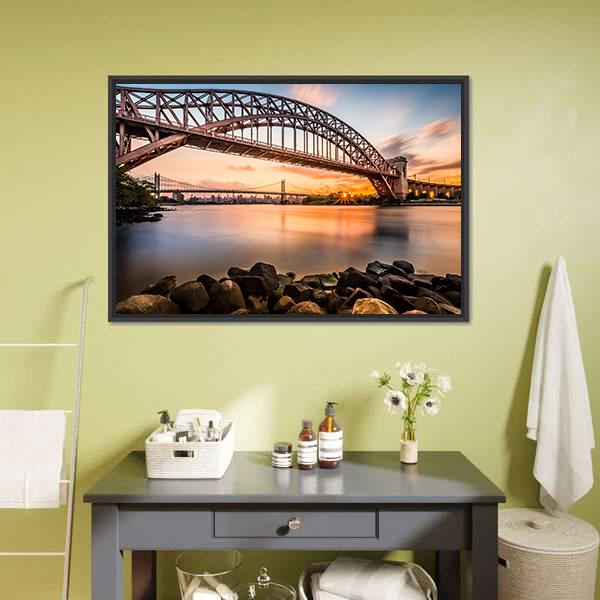 Hell Gate & Triboro Bridge at Sunset Canvas Wall Art in brown, orange and blue, framed canvas, product view on a white background