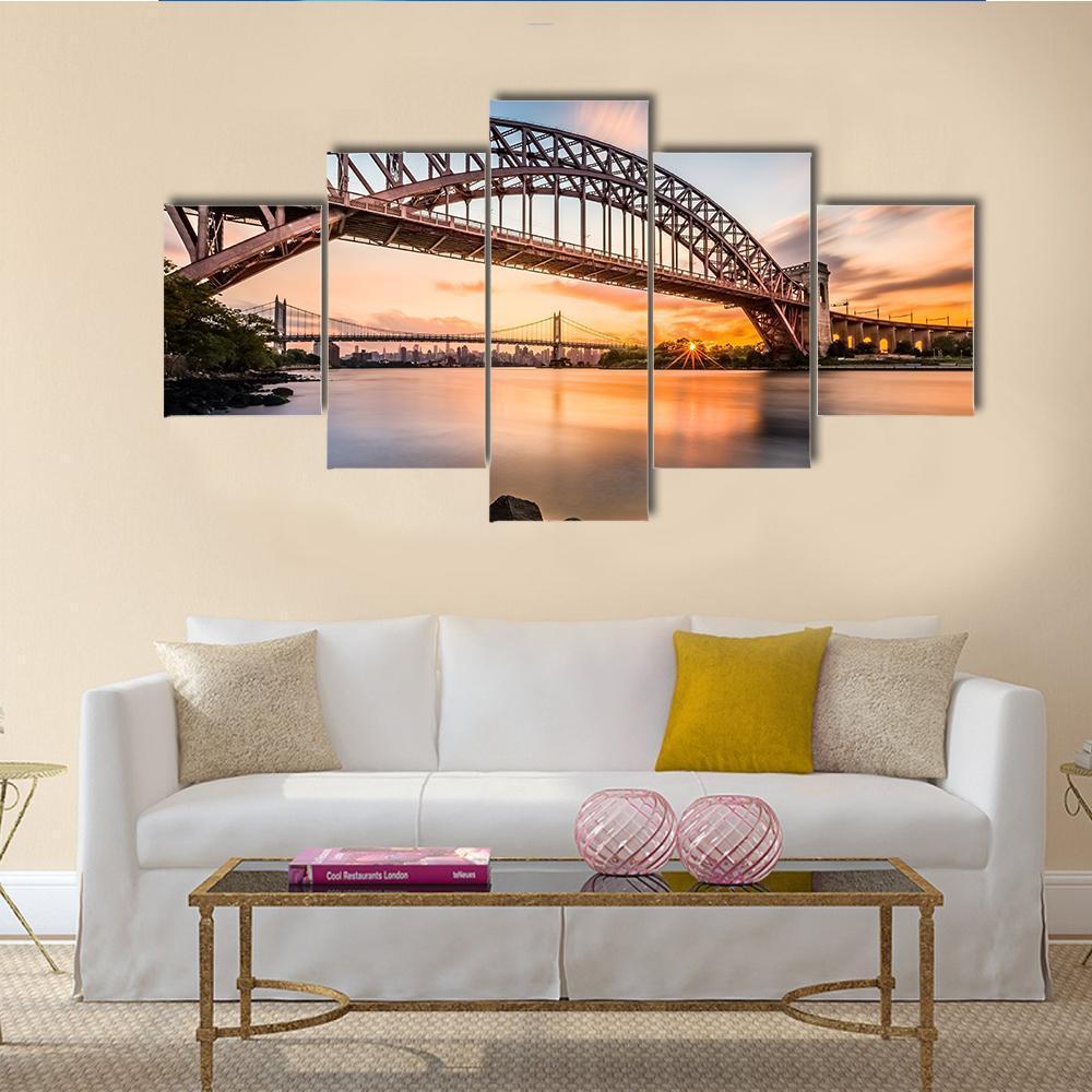 Hell Gate &amp; Triboro Bridge Canvas Wall Art-5 Star-Gallery Wrap-62" x 32"-Tiaracle
