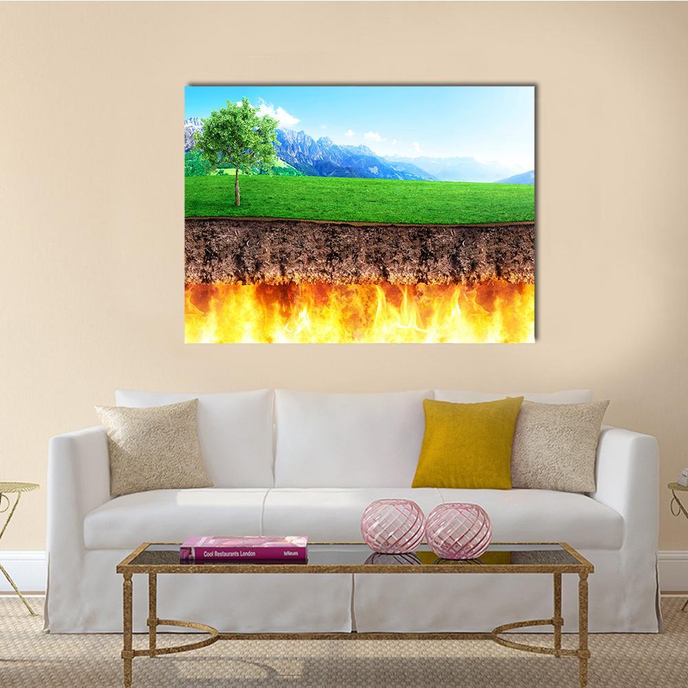 Hell and Paradise Cross-section Landscape Canvas Wall Art in brown, yellow and green, single panel hung on a wall