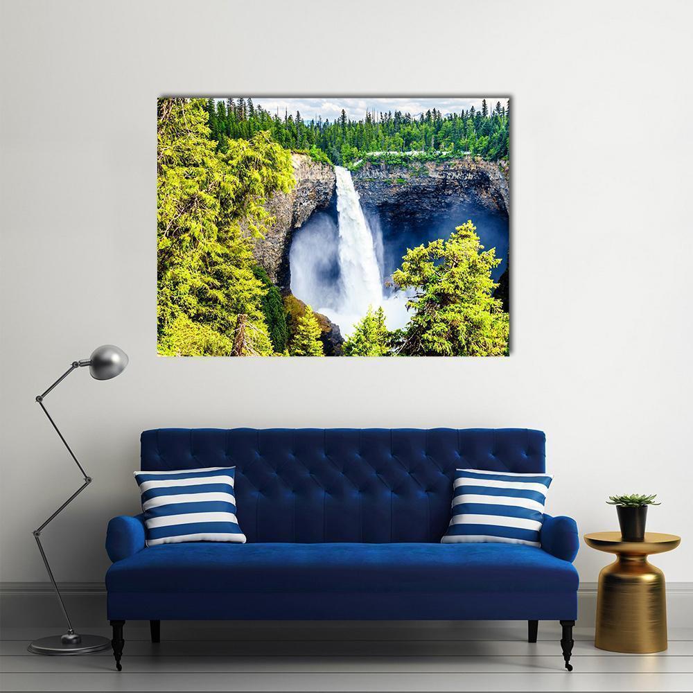 Helmcken Falls in Spring Canvas Wall Art in white, green and blue, single panel hung on a wall