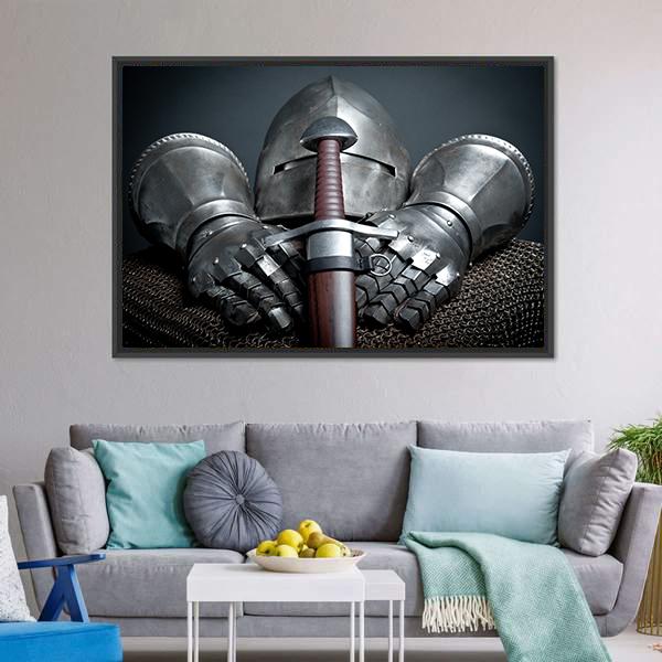 Helmet Gloves & Sword Canvas Wall Art-3 Horizontal-Gallery Wrap-25" x 16"-Tiaracle
