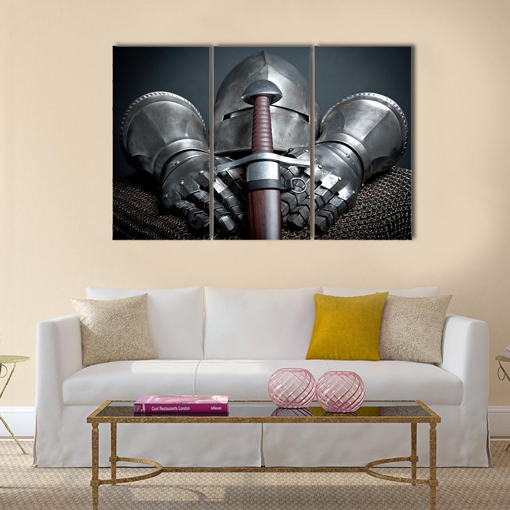 Helmet Gloves & Sword Canvas Wall Art-3 Horizontal-Gallery Wrap-37" x 24"-Tiaracle