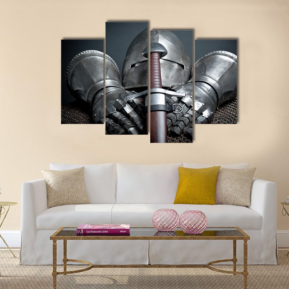 Helmet Gloves &amp; Sword Canvas Wall Art-4 Pop-Gallery Wrap-50&quot; x 32&quot;-Tiaracle