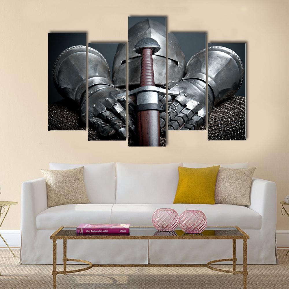 Helmet Gloves & Sword Canvas Wall Art-5 Pop-Gallery Wrap-47" x 32"-Tiaracle