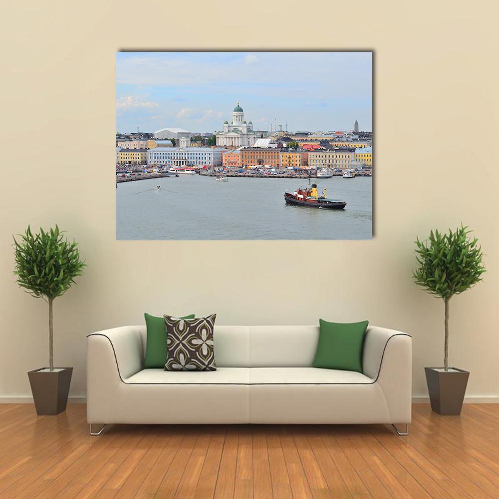Helsinki Harbour and Cathedral Skyline Canvas Wall Art in gray and blue, single panel hung on a wall
