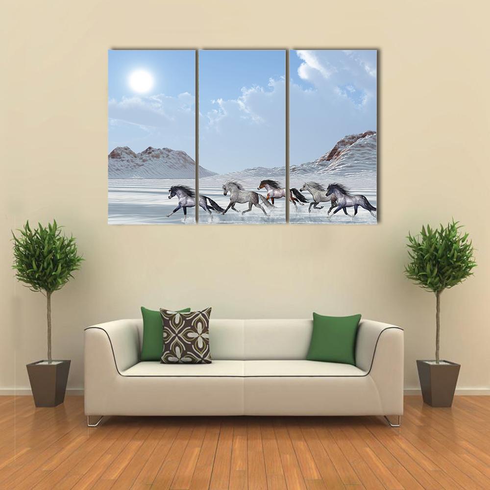 Herd Of Wild Horses Run In The Snows Canvas Wall Art-3 Horizontal-Gallery Wrap-25" x 16"-Tiaracle