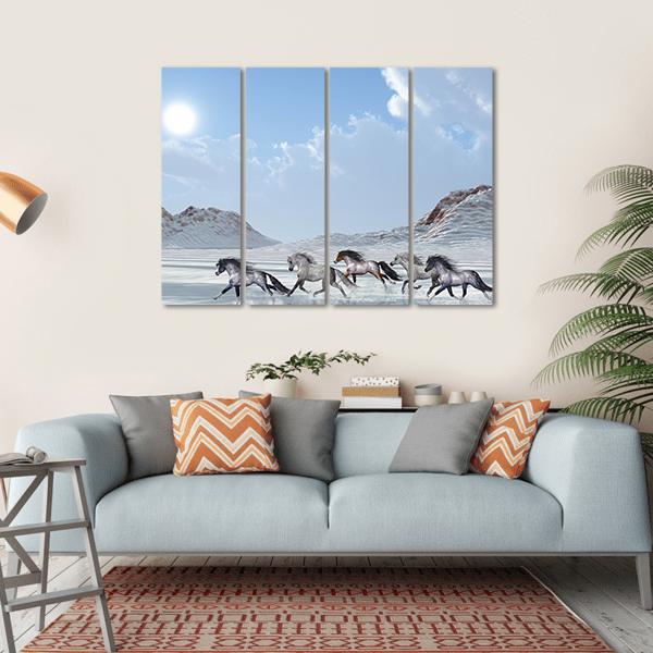 Herd Of Wild Horses Run In The Snows Canvas Wall Art-4 Horizontal-Gallery Wrap-34" x 24"-Tiaracle