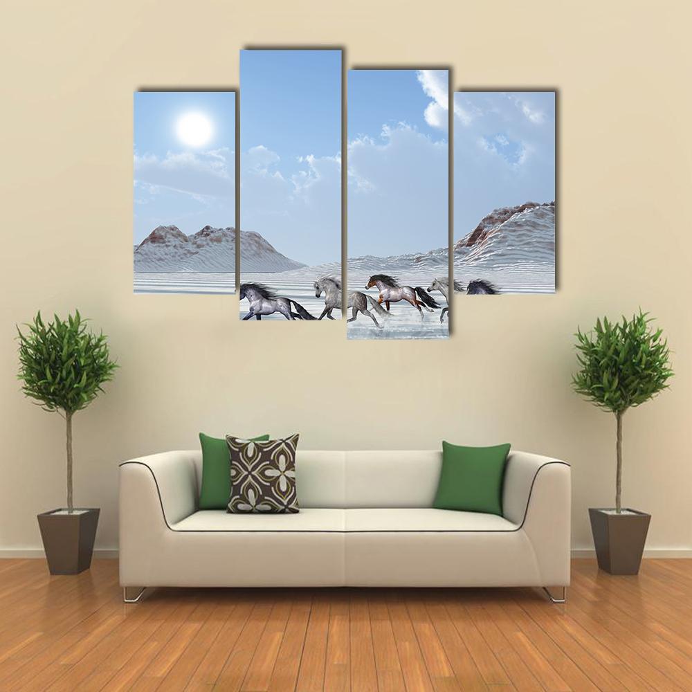 Herd Of Wild Horses Run In The Snows Canvas Wall Art-4 Pop-Gallery Wrap-34" x 20"-Tiaracle