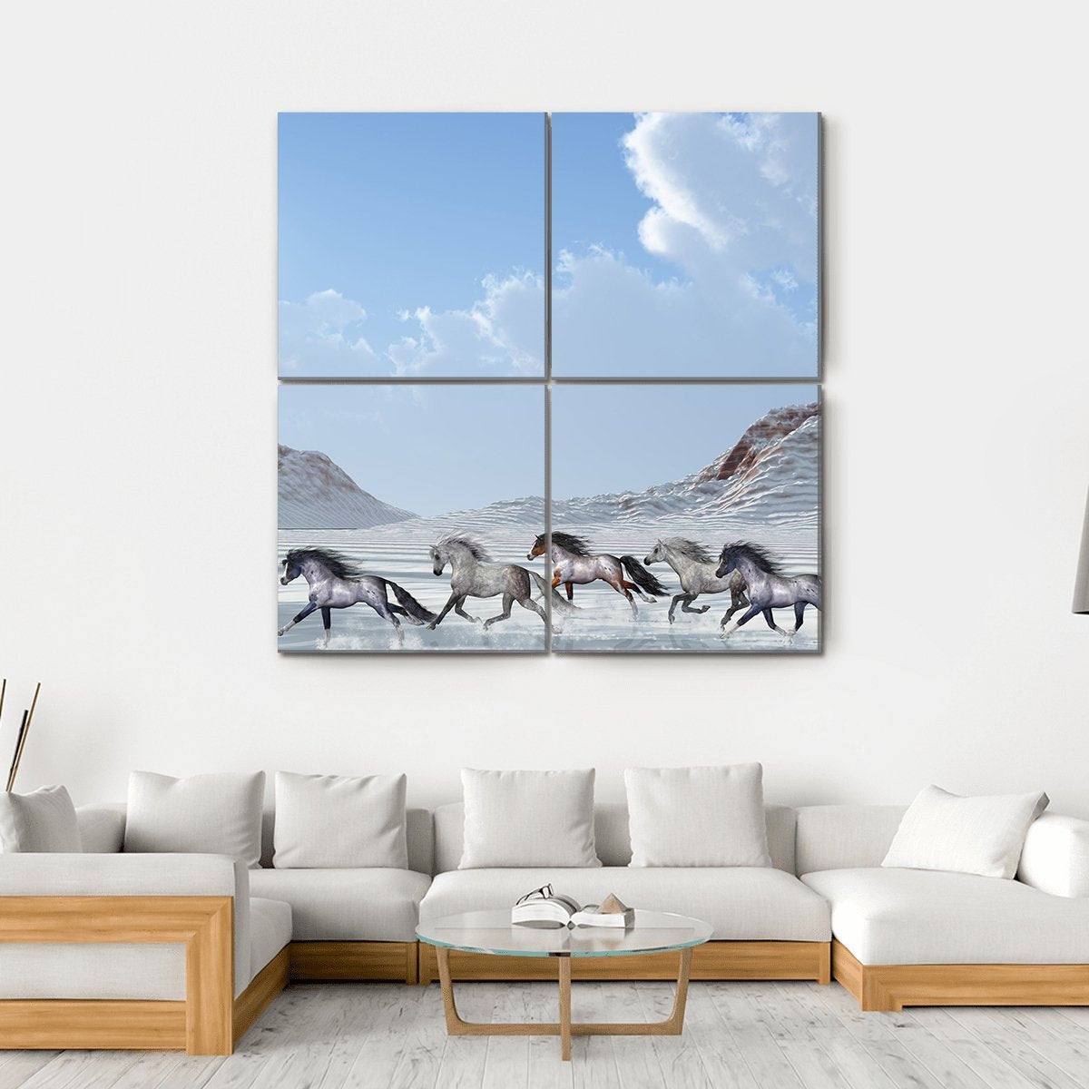 Herd Of Wild Horses Run In The Snows Canvas Wall Art-4 Square-Gallery Wrap-17" x 17"-Tiaracle