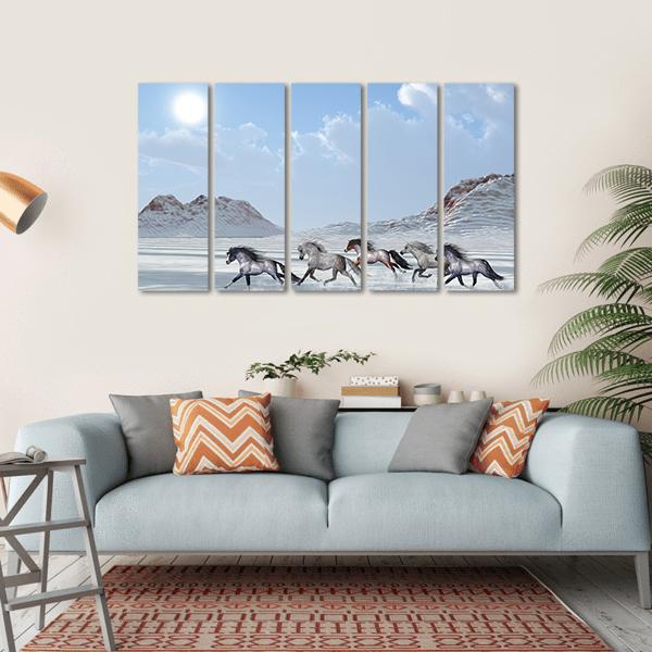 Herd Of Wild Horses Run In The Snows Canvas Wall Art-5 Horizontal-Gallery Wrap-22" x 12"-Tiaracle