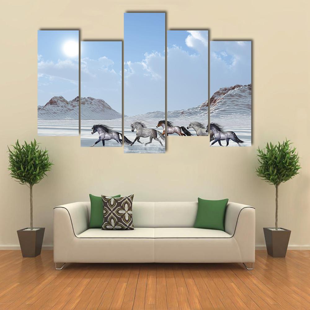 Herd Of Wild Horses Run In The Snows Canvas Wall Art-5 Pop-Gallery Wrap-32" x 21"-Tiaracle