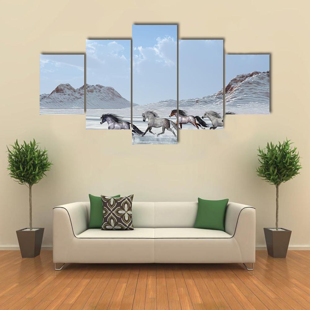 Herd Of Wild Horses Run In The Snows Canvas Wall Art-5 Star-Gallery Wrap-42" x 21"-Tiaracle