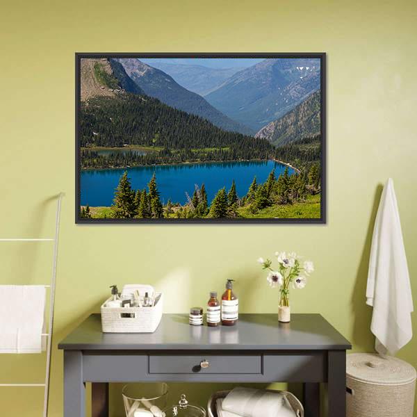 Hidden Lake in Montana Canvas Wall Art in gray, green and blue, framed canvas, product view on a white background