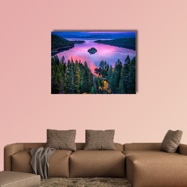 Lake Tahoe Sunset Reflection Over Island Canvas Wall Art in blue, purple and pink, single panel hung on a wall