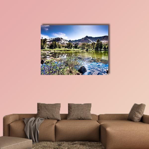 High Mountain Lake Canvas Wall Art in brown, green and blue, single panel hung on a wall