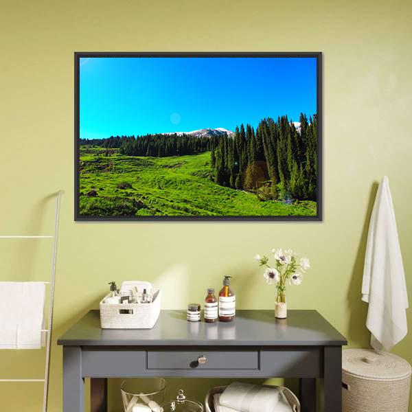 High Mountains & Green Meadows Canvas Wall Art-1 Piece-Floating Frame-24" x 16"-Tiaracle
