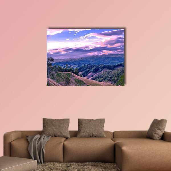 High Mountains in Thailand Canvas Wall Art in blue, purple and pink, single panel hung on a wall