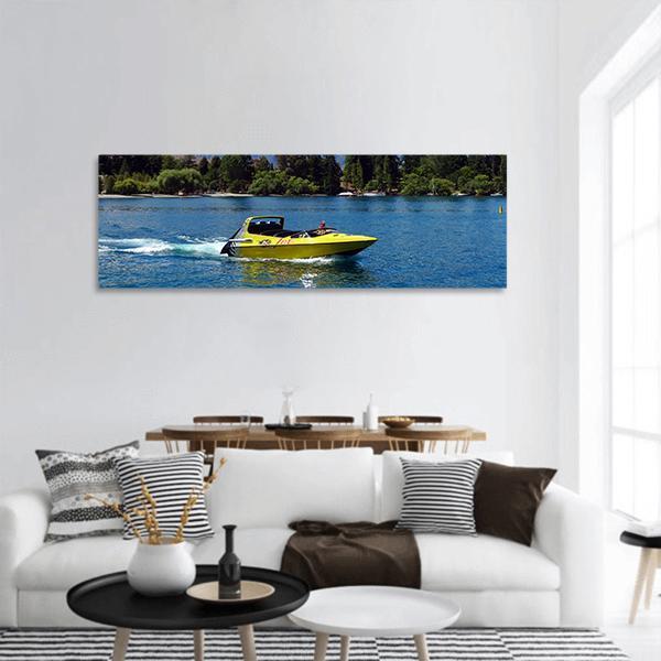 Jet Boat On Lake Wakatipu Panoramic Canvas Wall Art-1 Piece-36" x 12"-Tiaracle