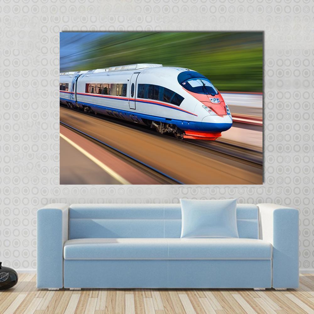 High Speed Train Canvas Wall Art in white, green and blue, single panel hung on a wall