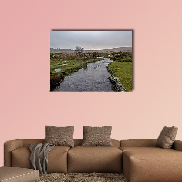 Stream on Dartmoor Canvas Wall Art in gray, brown and green, single panel hung on a wall