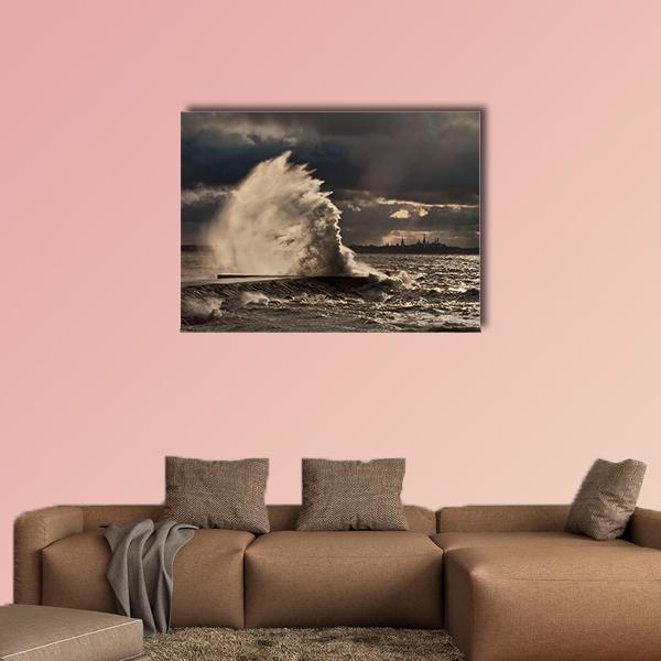 Pier in Stormy Weather Canvas Wall Art in black, white and gray, single panel hung on a wall