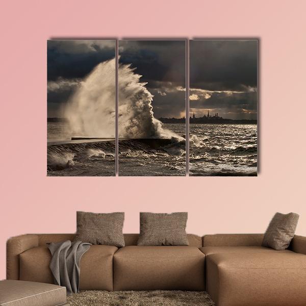 Pier In Stormy Weather Canvas Wall Art-3 Horizontal-Gallery Wrap-37" x 24"-Tiaracle