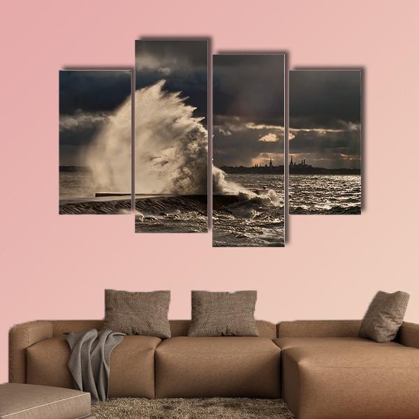 Pier In Stormy Weather Canvas Wall Art-3 Horizontal-Gallery Wrap-37" x 24"-Tiaracle