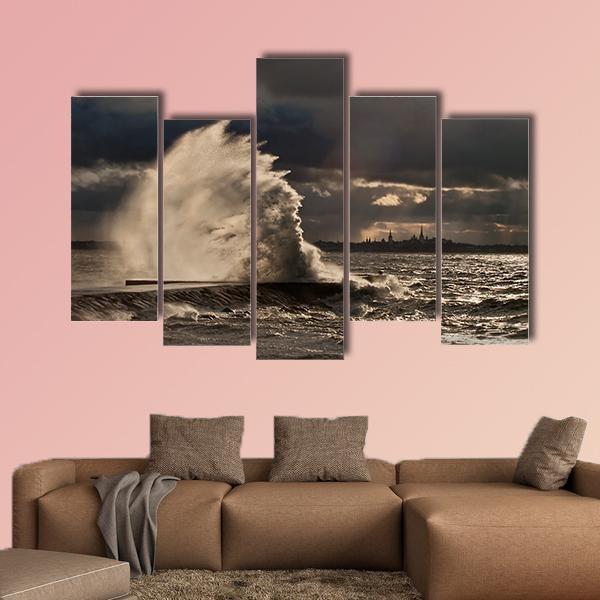 Pier In Stormy Weather Canvas Wall Art-5 Pop-Gallery Wrap-47" x 32"-Tiaracle