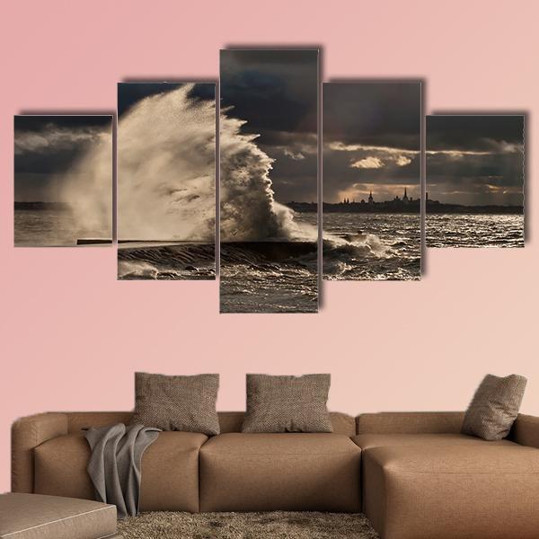 Pier In Stormy Weather Canvas Wall Art-5 Star-Gallery Wrap-62" x 32"-Tiaracle