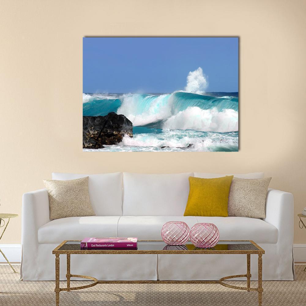 High Waves on Island Hawaii Canvas Wall Art in white and blue, single panel hung on a wall