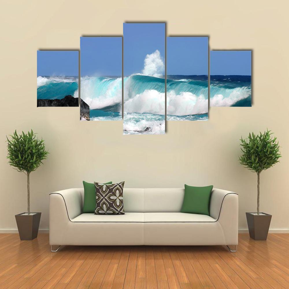 High Waves On Island Hawaii Canvas Wall Art-5 Star-Gallery Wrap-62" x 32"-Tiaracle