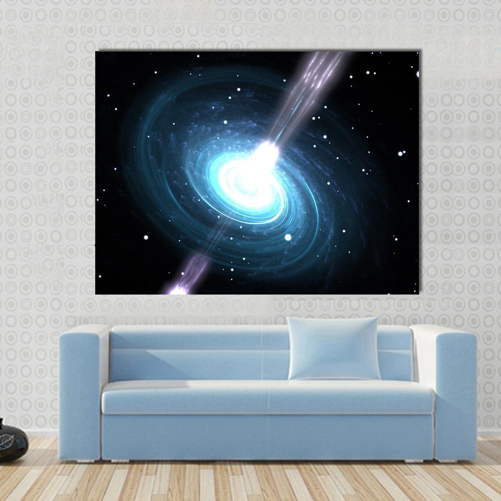 Highly Magnetized Pulsar Canvas Wall Art in black, white and blue, single panel hung on a wall