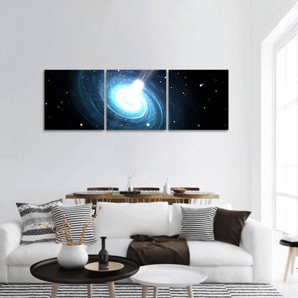 Magnetized Pulsar with Swirling Blue Rings Panoramic Canvas Wall Art in black, white and blue, hung on a wall