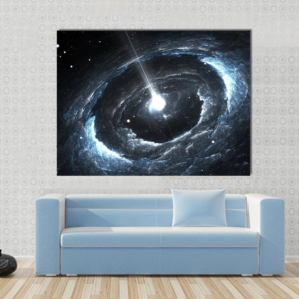Highly Magnetized Rotating Neutron Star Canvas Wall Art in black, white and blue, single panel hung on a wall