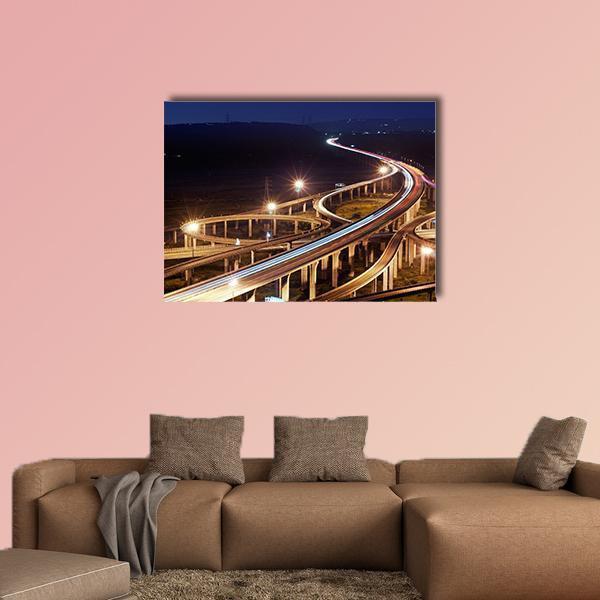 Taiwan Highway Interchange at Night Canvas Wall Art in black, yellow and navy, single panel hung on a wall