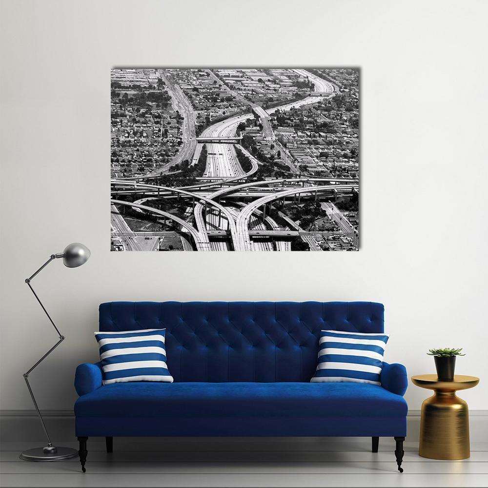 Gray Highway Interchange at Los Angeles Airport Canvas Wall Art in black, white and gray, single panel hung on a wall