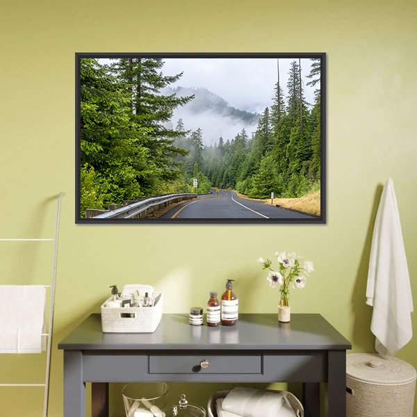 Highway in Redwood Forest Canvas Wall Art in black, gray and green, framed canvas, product view on a white background