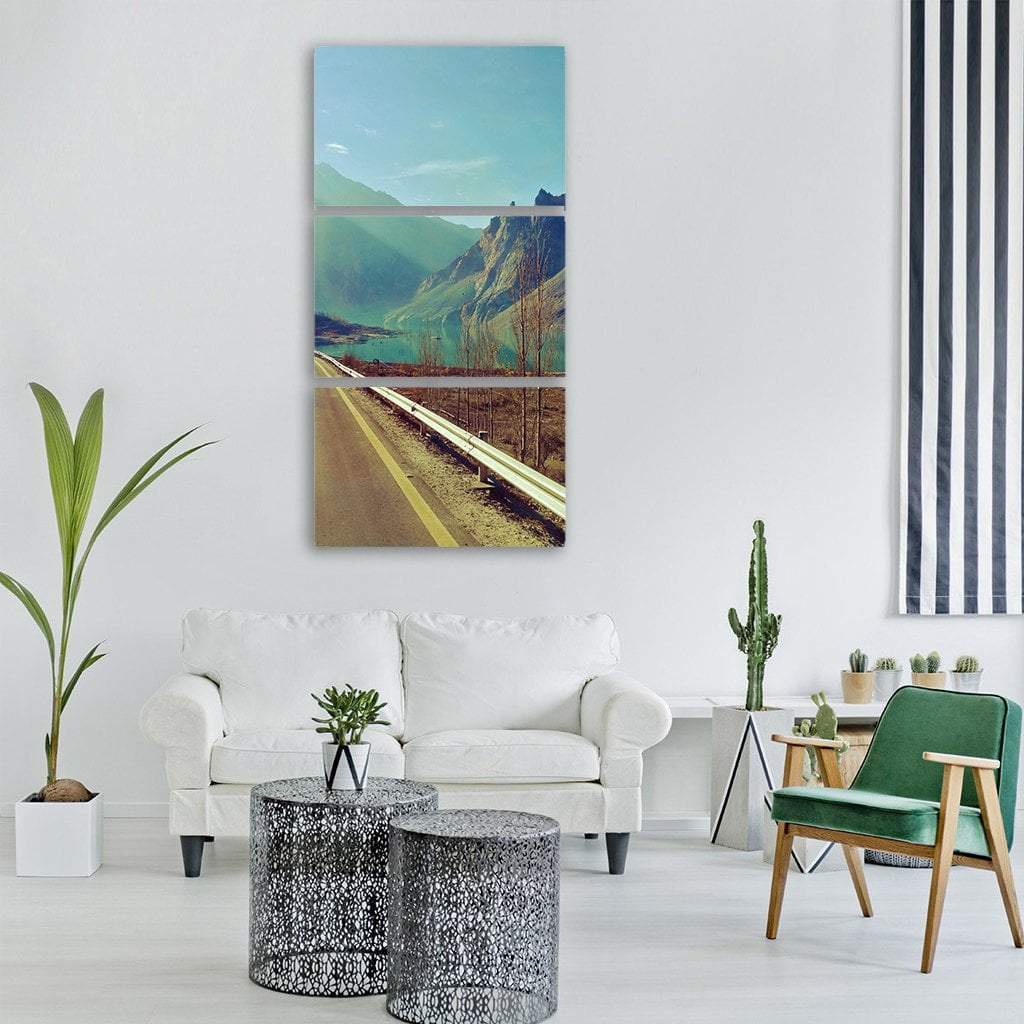 Highway Near Mountain Lake Vertical Canvas Wall Art-3 Vertical-Gallery Wrap-12" x 25"-Tiaracle