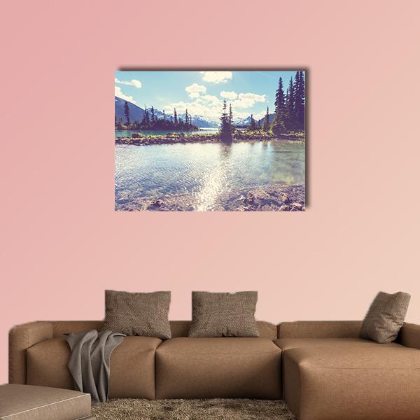 Hike at Garibaldi Lake Canvas Wall Art in white and blue, single panel hung on a wall